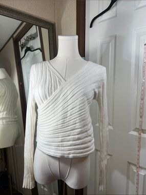 Classic White V-Neck Ribbed Wrap Sweater